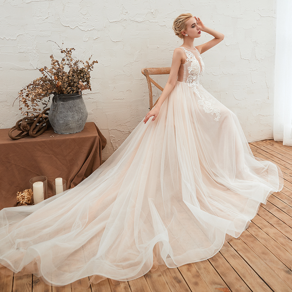 Long A-line Bateau Tulle Open Back Wedding Dress With Floral Lace