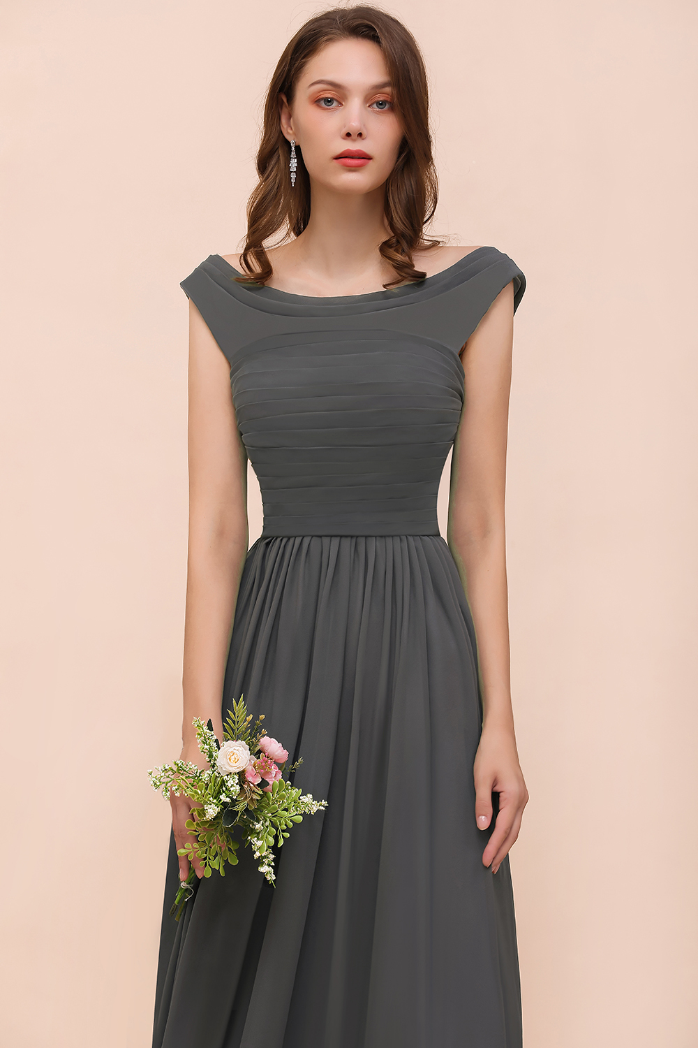 Long A-line Off-the-shoulder Ruffle Steel Grey Bridesmaid Dress with Slit