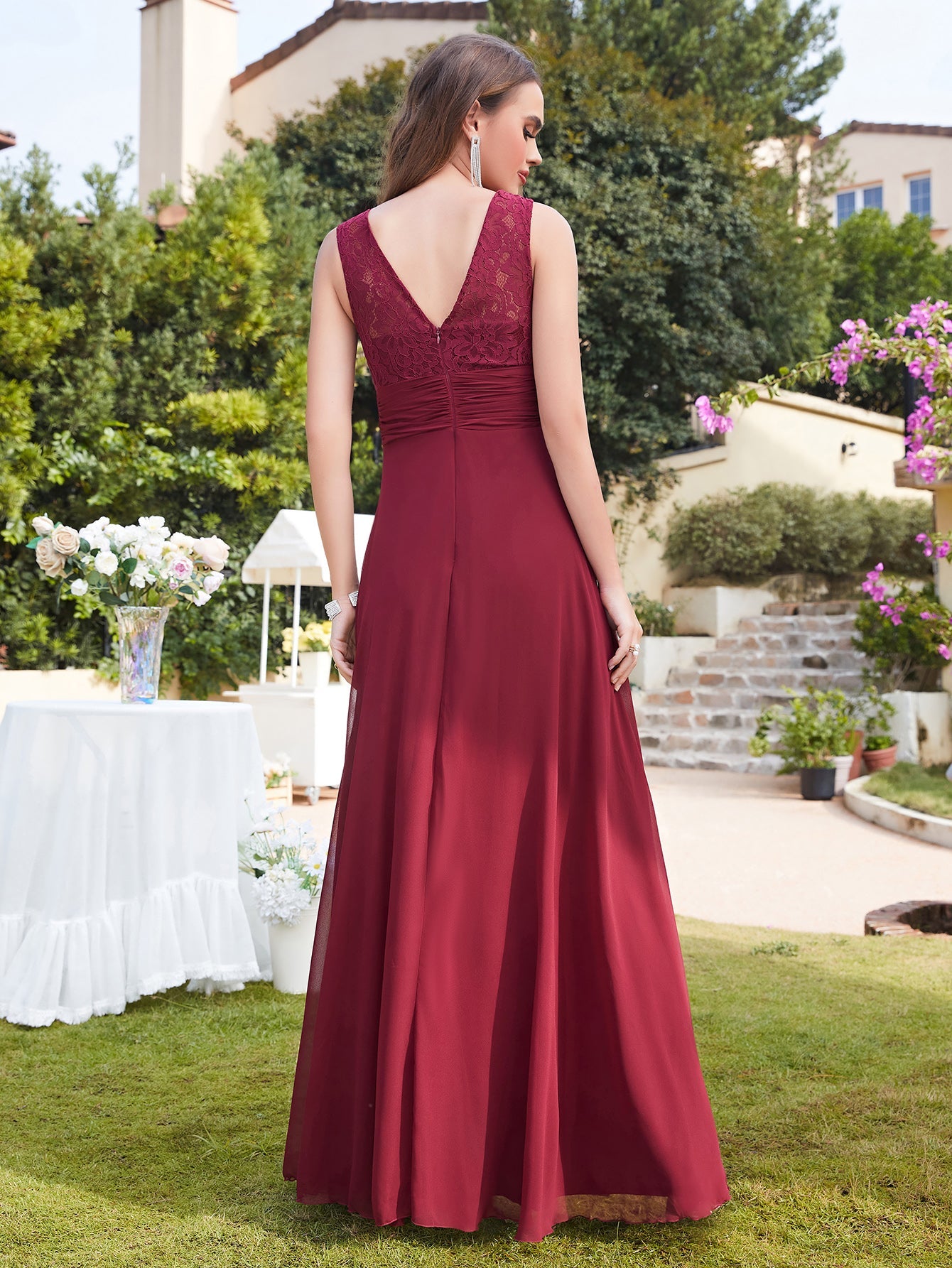 Long A line Sleeveless Scoop Neck Ruffle Chiffon Bridesmaid Dresses-BabyOnlineDress