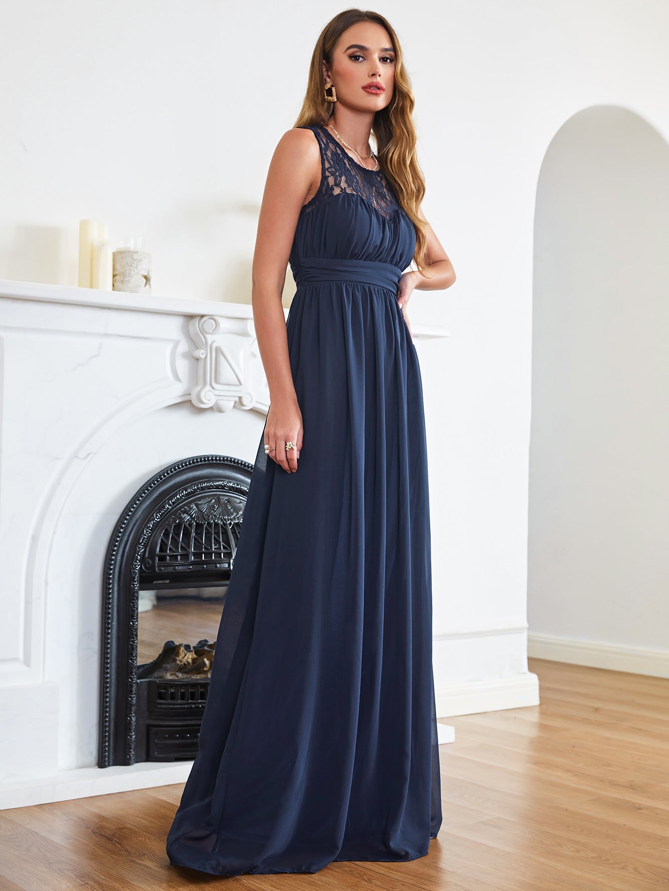 Long A Line Round Neck Chiffon Floor Length Formal Dresses-BabyOnlineDress