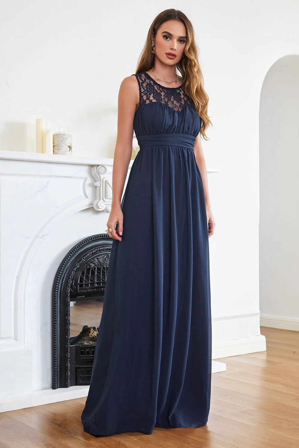 Long A Line Round Neck Chiffon Floor Length Formal Dresses-BabyOnlineDress
