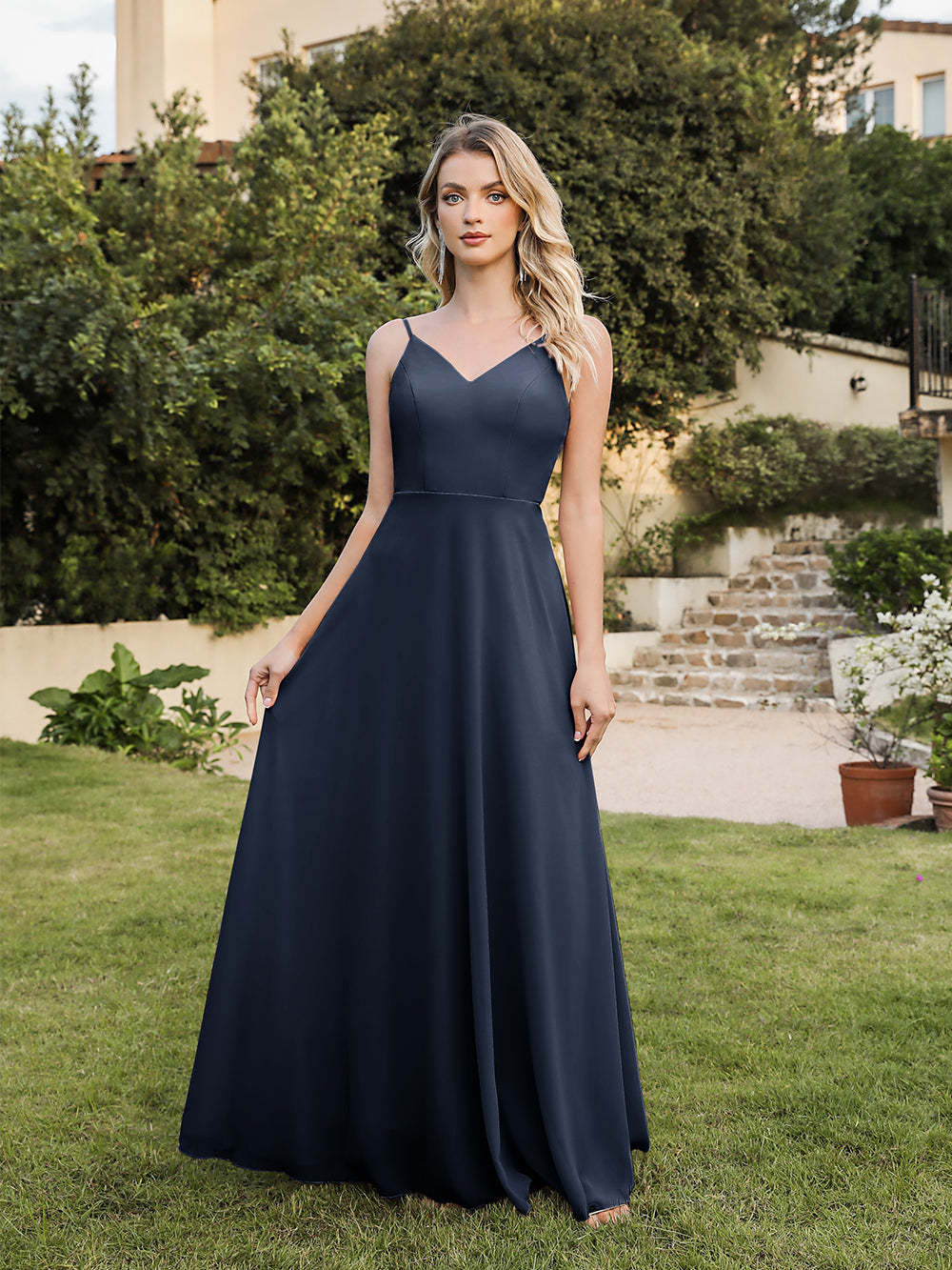 Long V-neck Backless Satin A-line Bridesmaid Dresses-BabyOnlineDress
