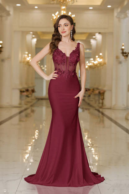 Mermaid V-Neck Sleeveless Backless Applique Wedding Dresses with Sweep Train-BabyOnlineDress