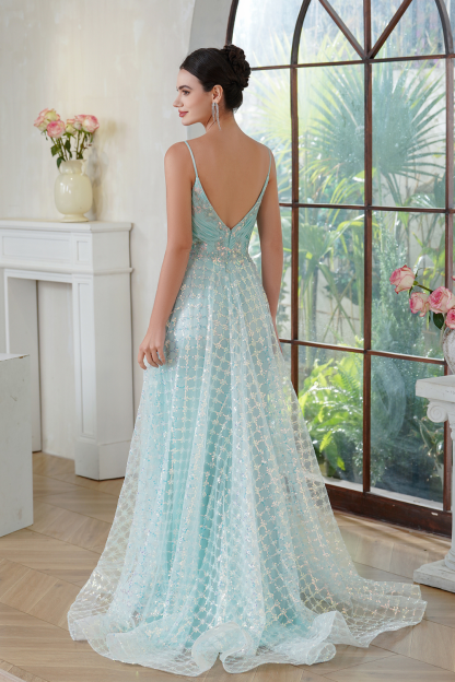 Mint V Neck Sleeveless A-line Long Prom Dress with Lace Applique-BabyOnlineDress