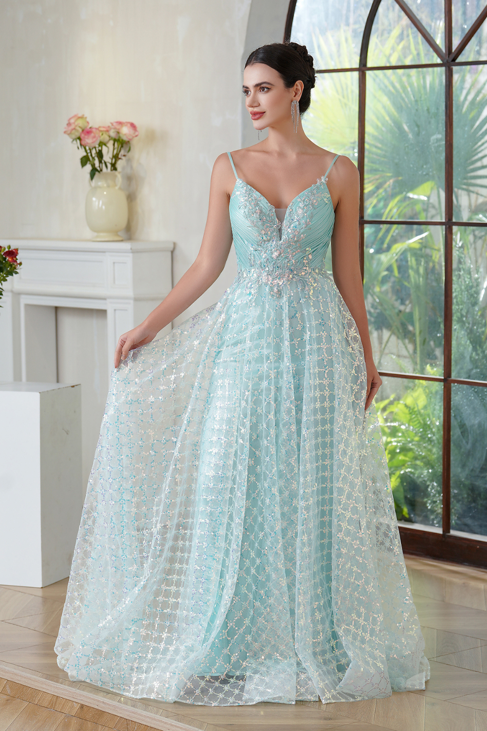 Mint V Neck Sleeveless A-line Long Prom Dress with Lace Applique-BabyOnlineDress