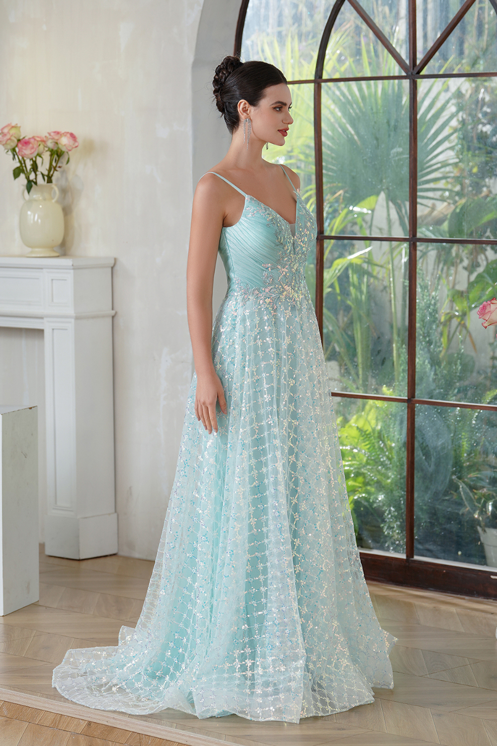 Mint V Neck Sleeveless A-line Long Prom Dress with Lace Applique-BabyOnlineDress