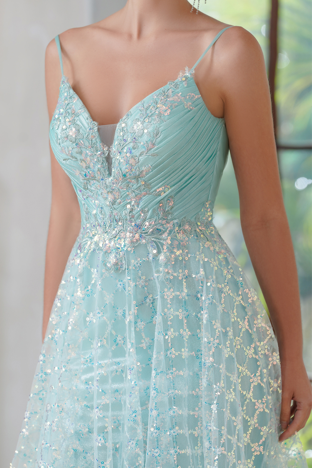 Mint V Neck Sleeveless A-line Long Prom Dress with Lace Applique-BabyOnlineDress