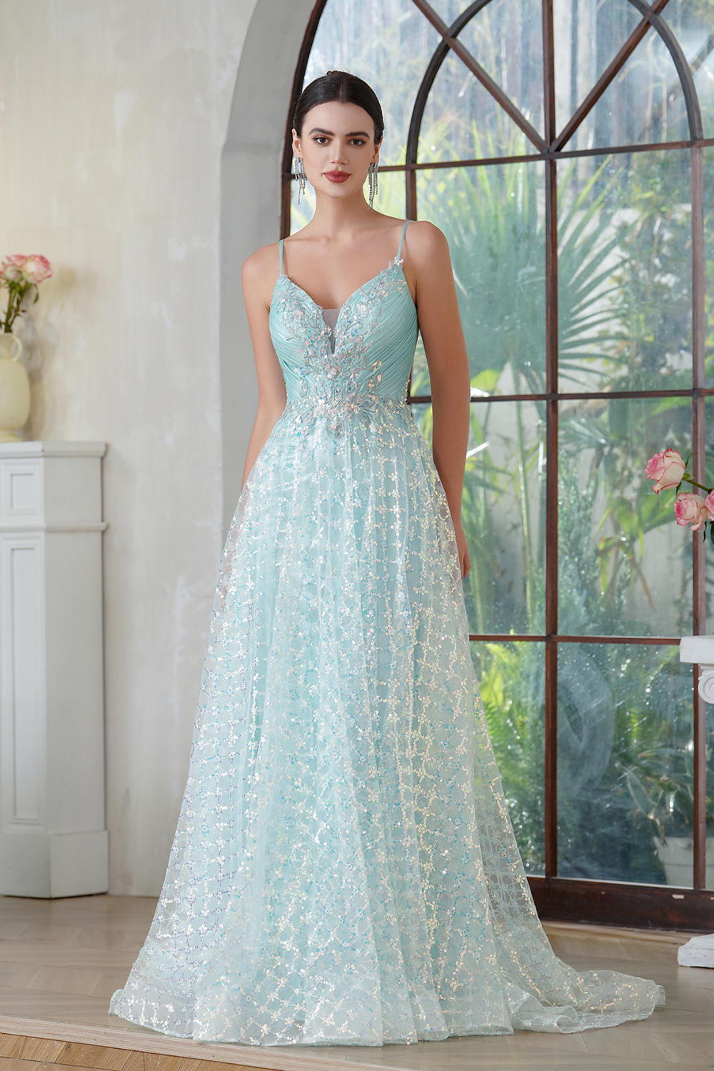 Mint V Neck Sleeveless A-line Long Prom Dress with Lace Applique-BabyOnlineDress