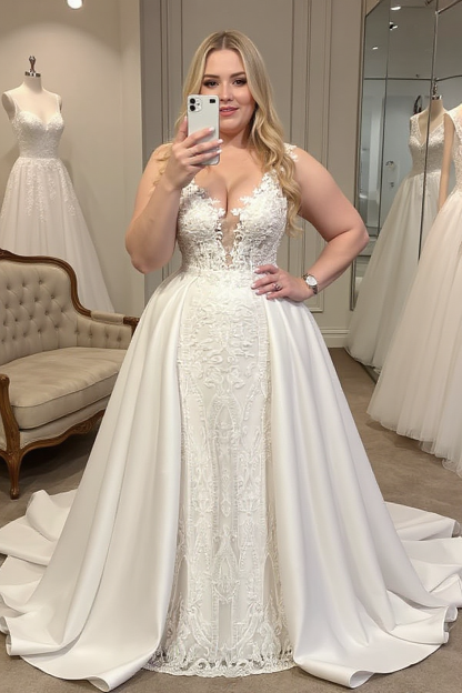 Plus Size Long Mermaid V-neck Lace Wedding Dresses with Satin Detachable Train