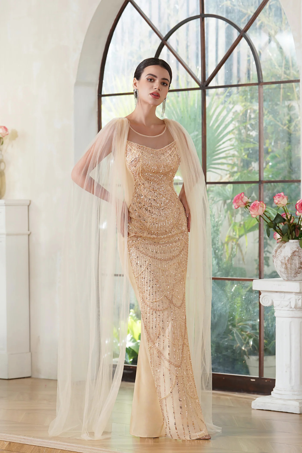 Sheath Sleeveless Side Slit Sequins Prom Dresses with Tulle Watteau Train-BabyOnlineDress