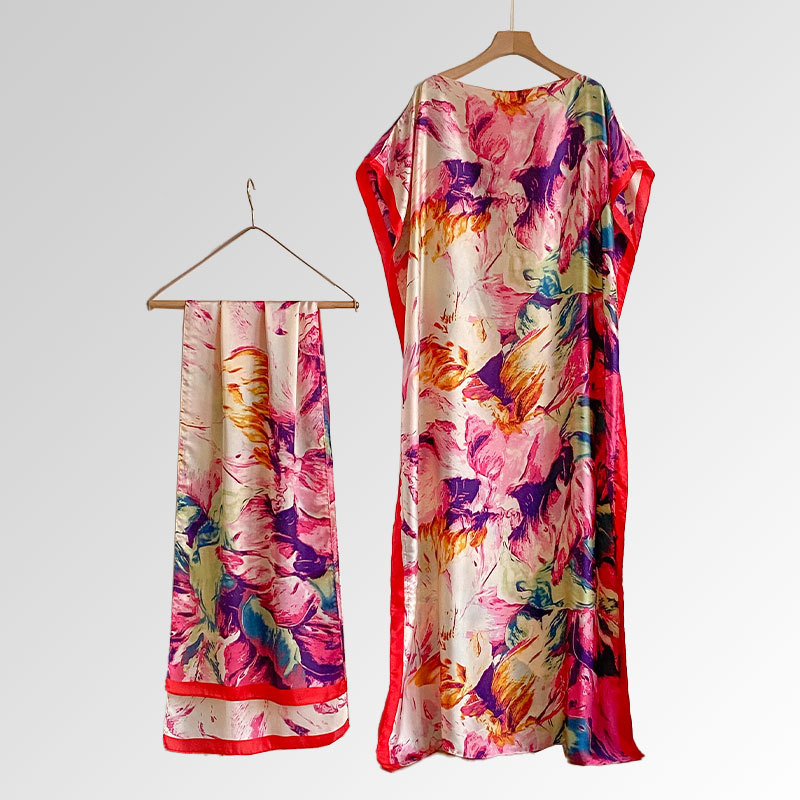 Women's Peacock Print Cape Shawl & Scarf Set, Elegant Beach Cover-Up For Holiday Vacation, Swimsuit Cover Up