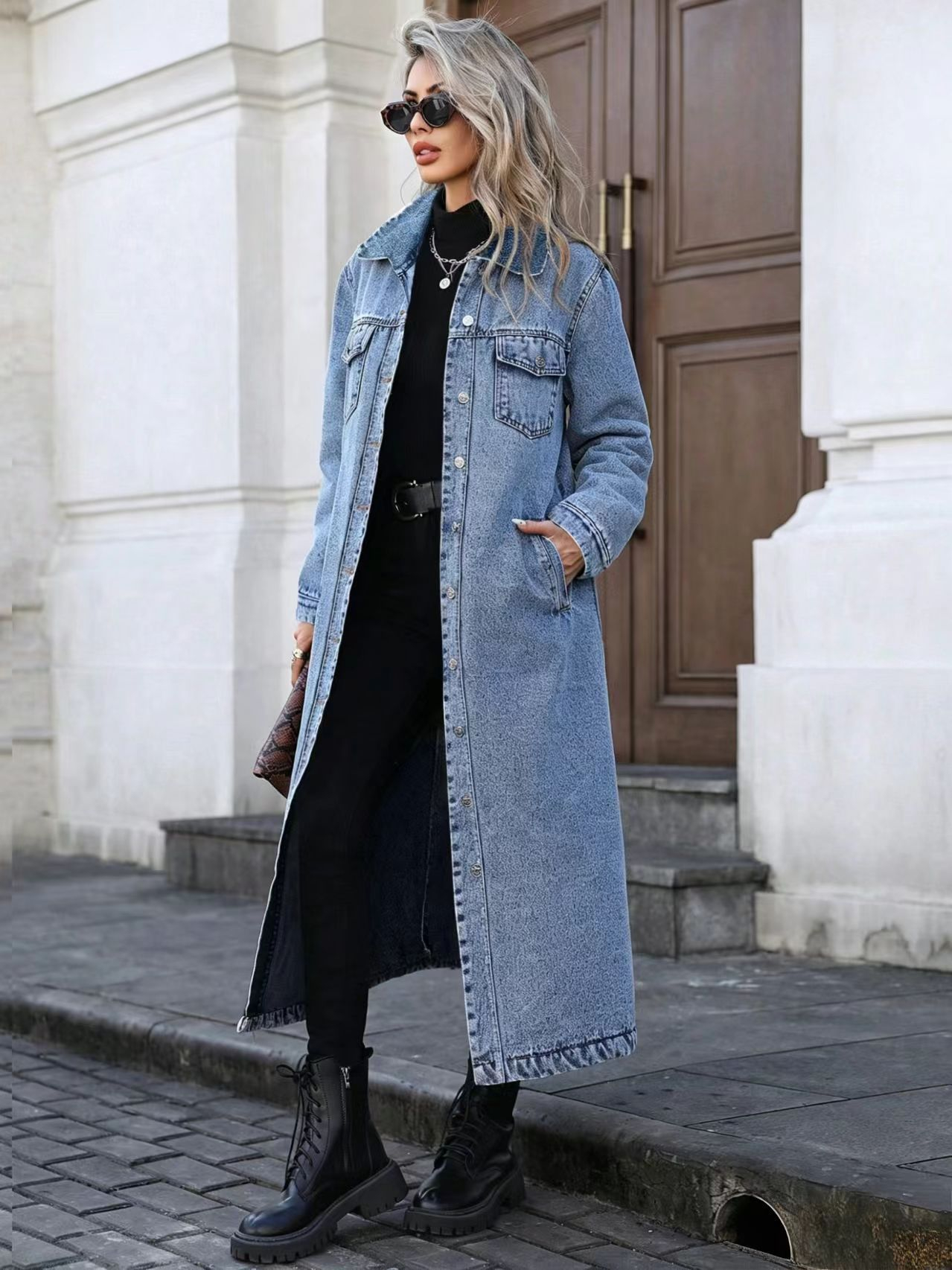 Women's Button Front Denim Coat, Elegant Casual Long Sleeve Denim Jacket for Spring & Fall, Women's Clothing for Daily Wear