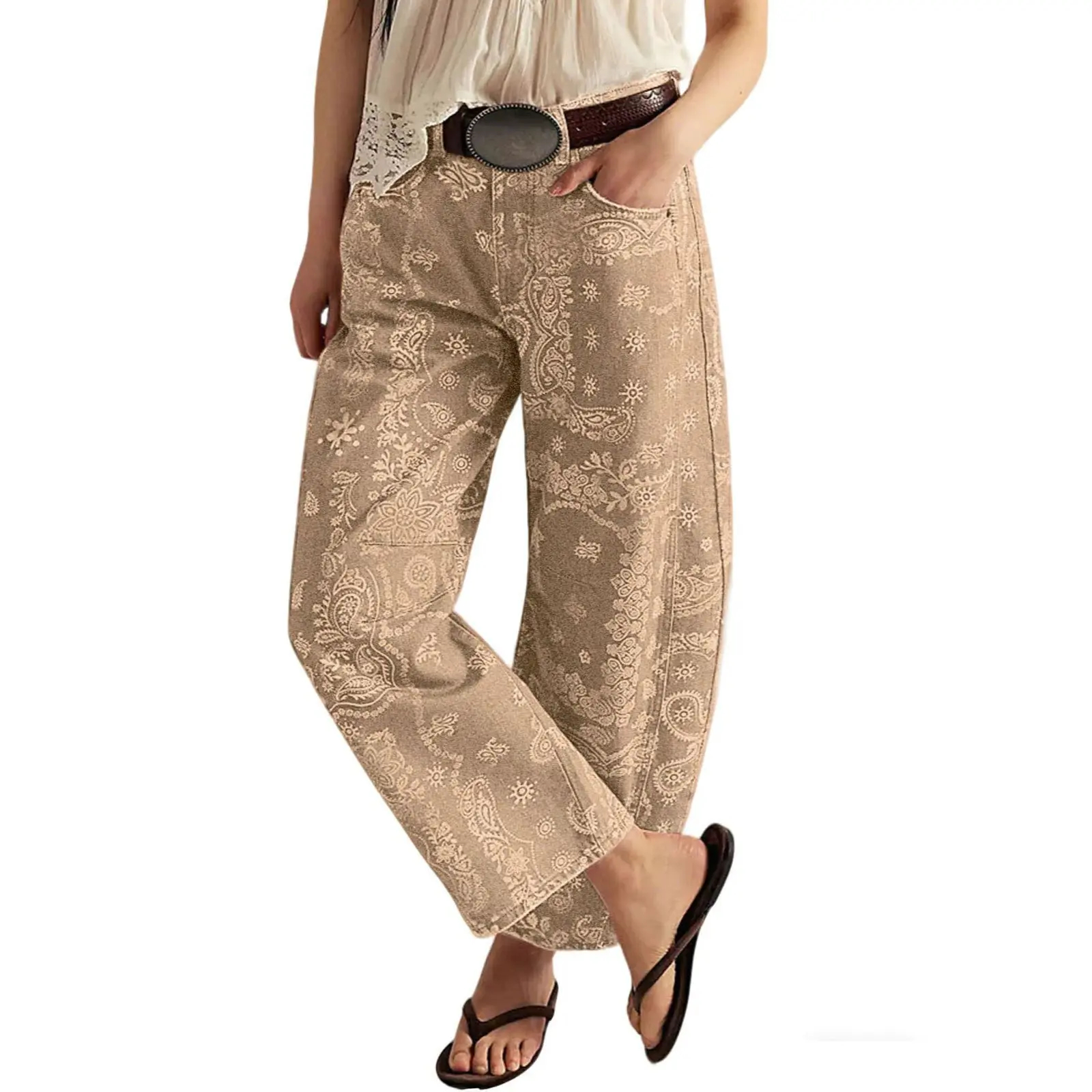 Women's Printed Wide-Leg Jeans Y2k Loose Mid-Rise Jeans in Soft Pink with Boho Floral Pattern Casual Denim Trousers