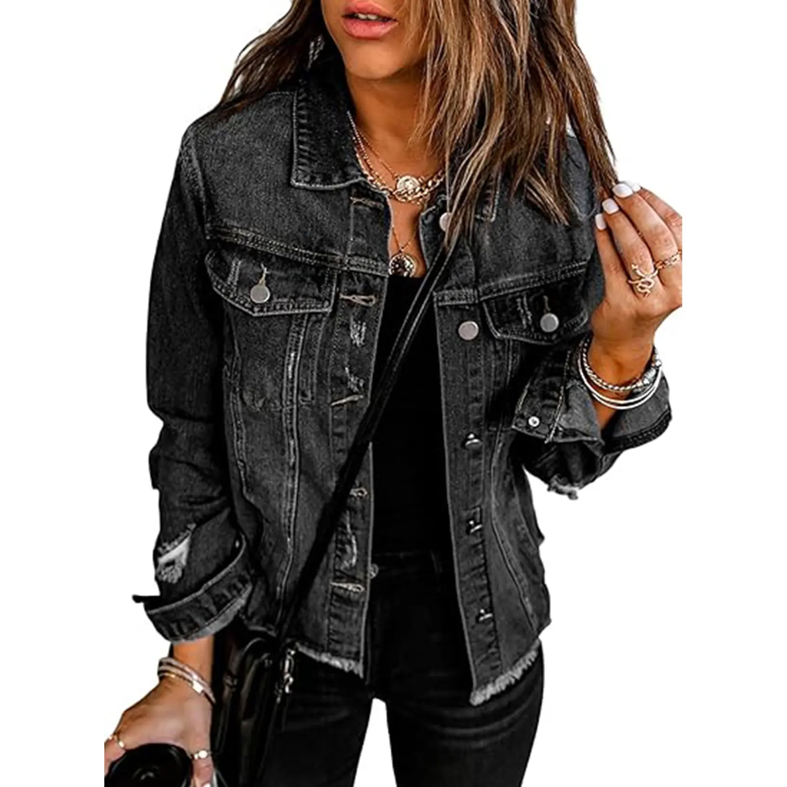 Women's Casual Short Jean Jackets Non Stretch Distressed Ripped  Lapel Long Sleeve Denim Jacket Outwear Tops