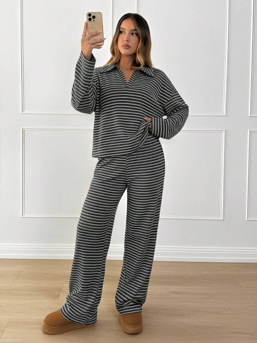 2-Piece Striped V-Neck Lounge Set