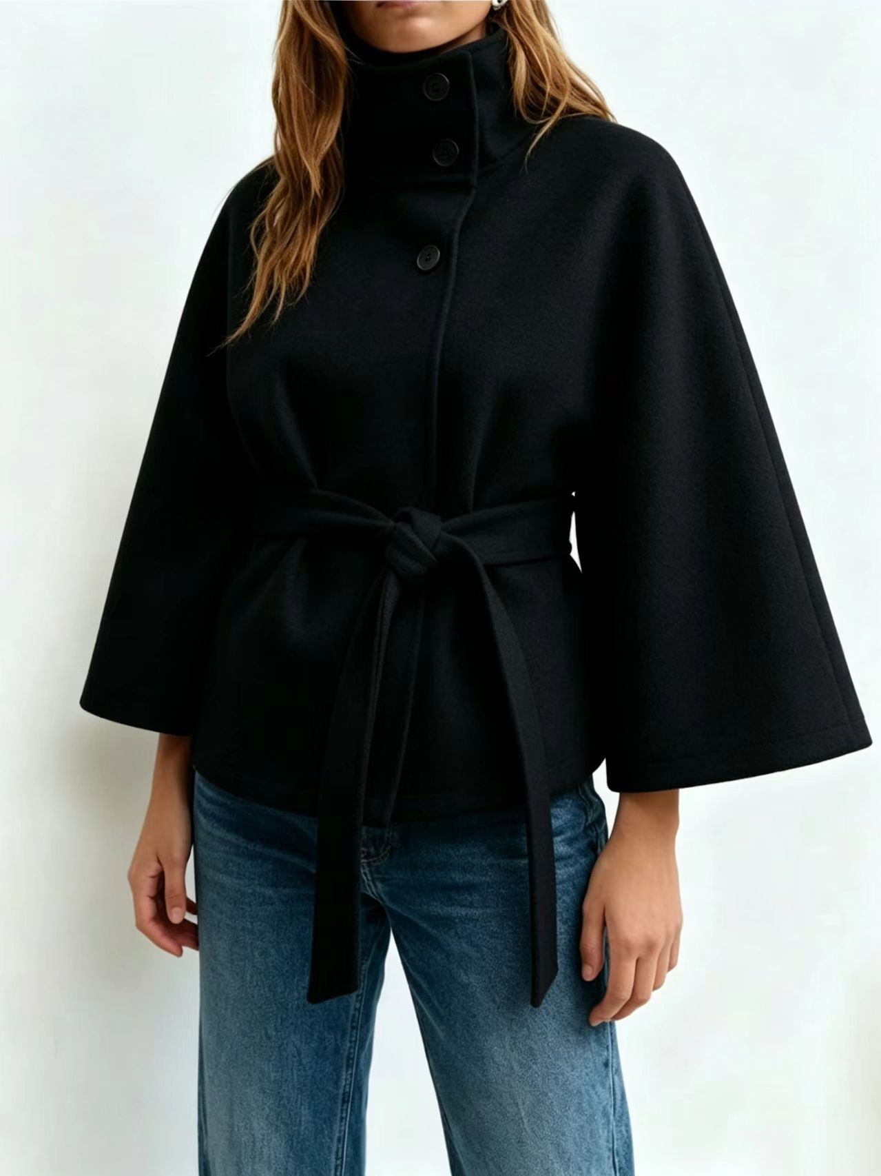 Women's Plain Front Buckle Belted Woolen Cape Coat, Casual Fall & Winter Outerwear, Stylish Daily Wear for Dating, Button