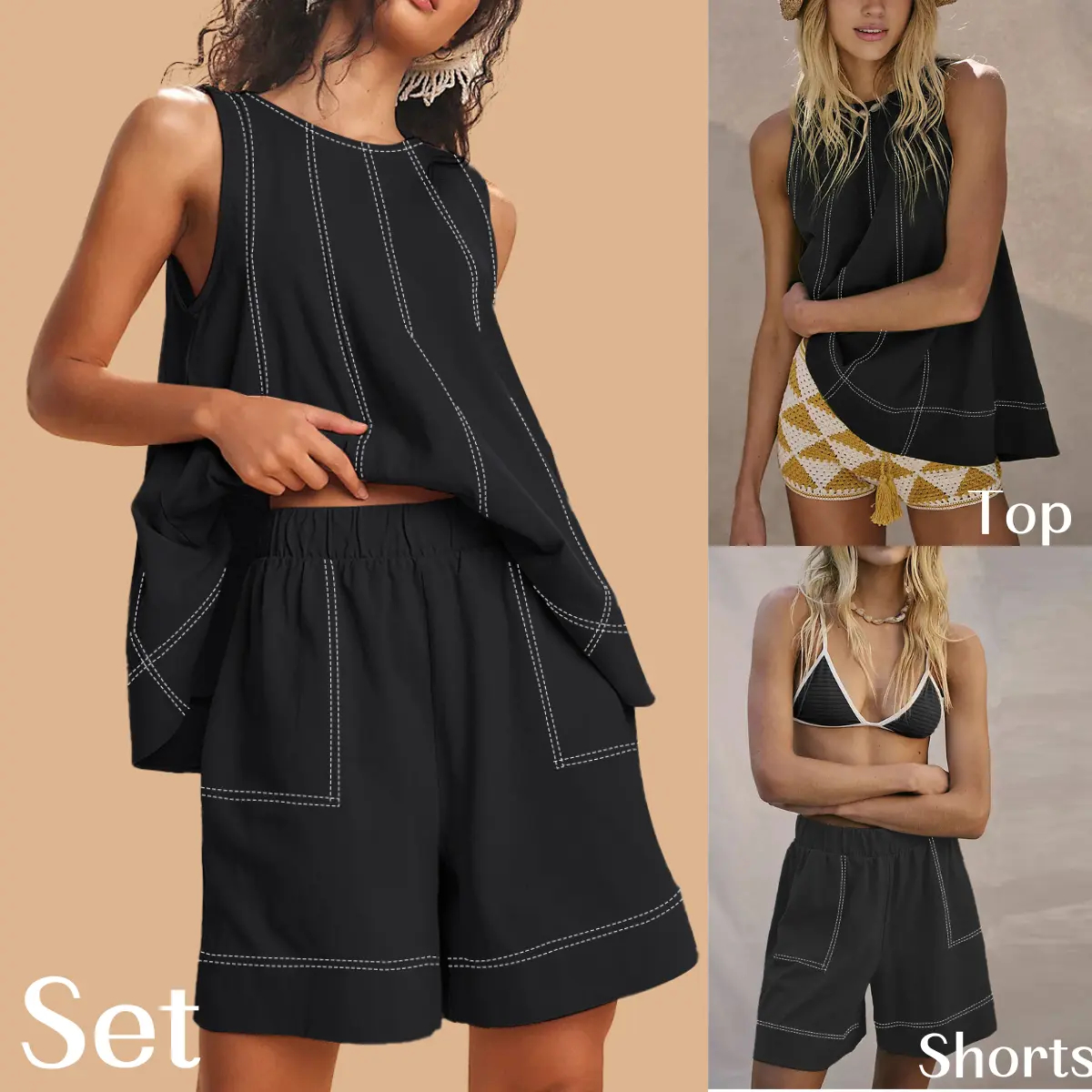 Cotton Two Piece Outfit - A-Line Tank & High-Waist Shorts