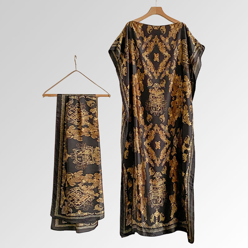Women's Peacock Print Cape Shawl & Scarf Set, Elegant Beach Cover-Up For Holiday Vacation, Swimsuit Cover Up