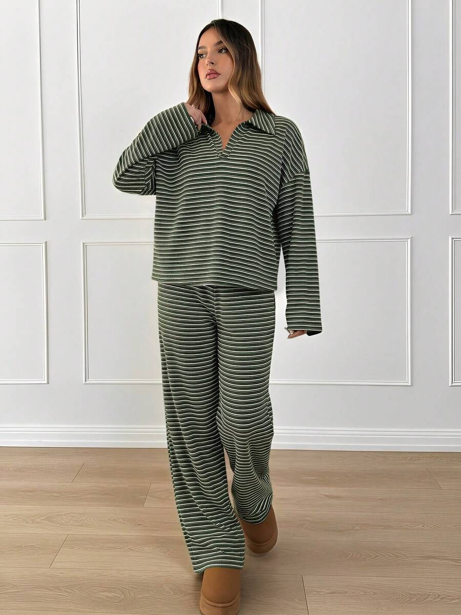 2-Piece Striped V-Neck Lounge Set