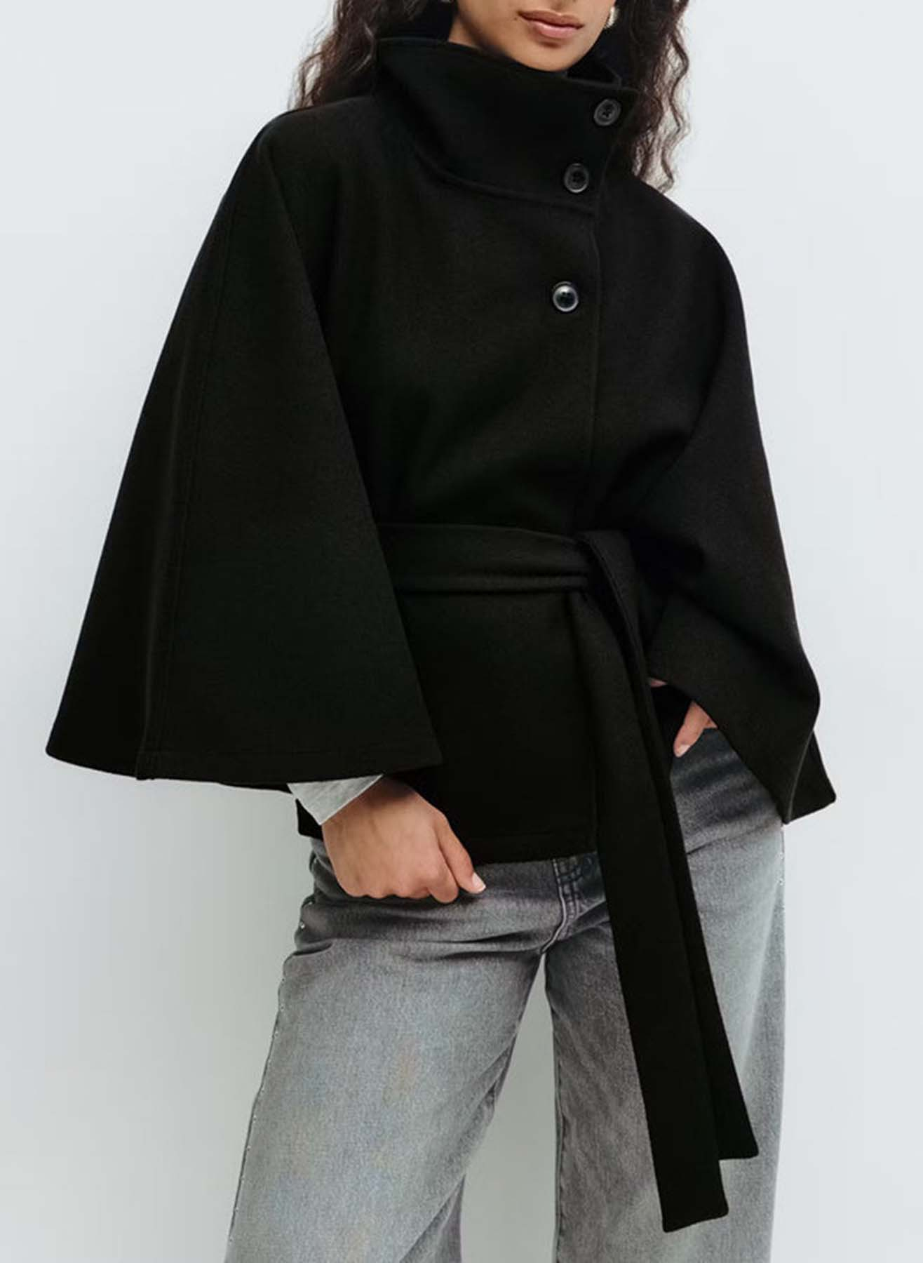 Women's Plain Front Buckle Belted Woolen Cape Coat, Casual Fall & Winter Outerwear, Stylish Daily Wear for Dating, Button
