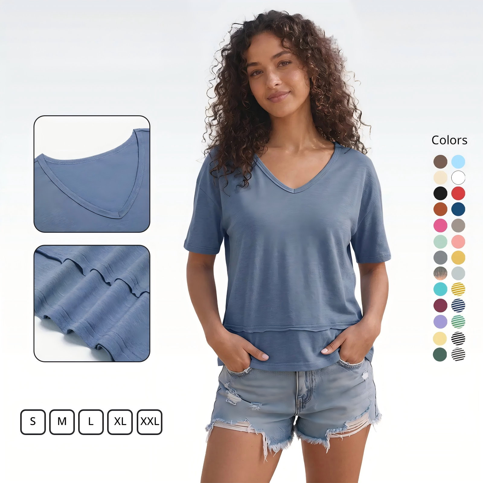 Women's Summer Flattering V Neck T Shirts, Loose Oversized Short Sleeve Flowy Basic Tops Premium Blend Soft Fabric Hide Belly Casual Daily OOTD Tees for Beach Vacation Everyday Outfit