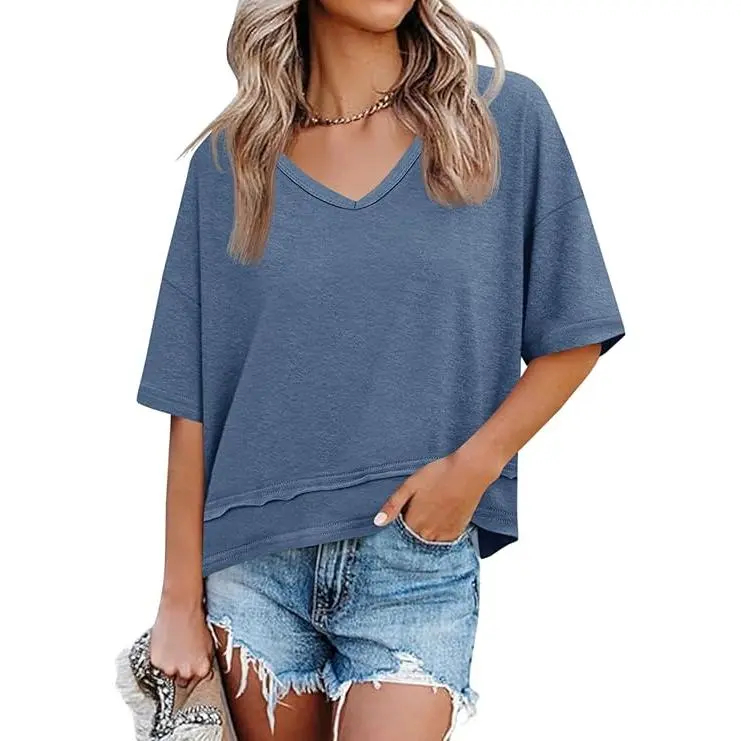 Women's Summer Flattering V Neck T Shirts, Loose Oversized Short Sleeve Flowy Basic Tops Premium Blend Soft Fabric Hide Belly Casual Daily OOTD Tees for Beach Vacation Everyday Outfit