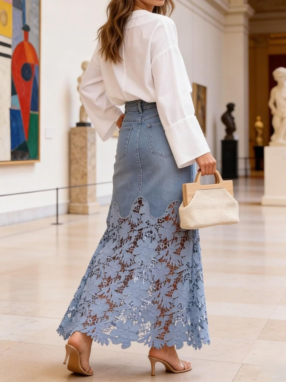 Women Lace Eyelet Patchwork Jean Skirt High Waisted Boho Floral Mesh Sheer Long Denim A Line Maxi Jean Skirt with Pockets