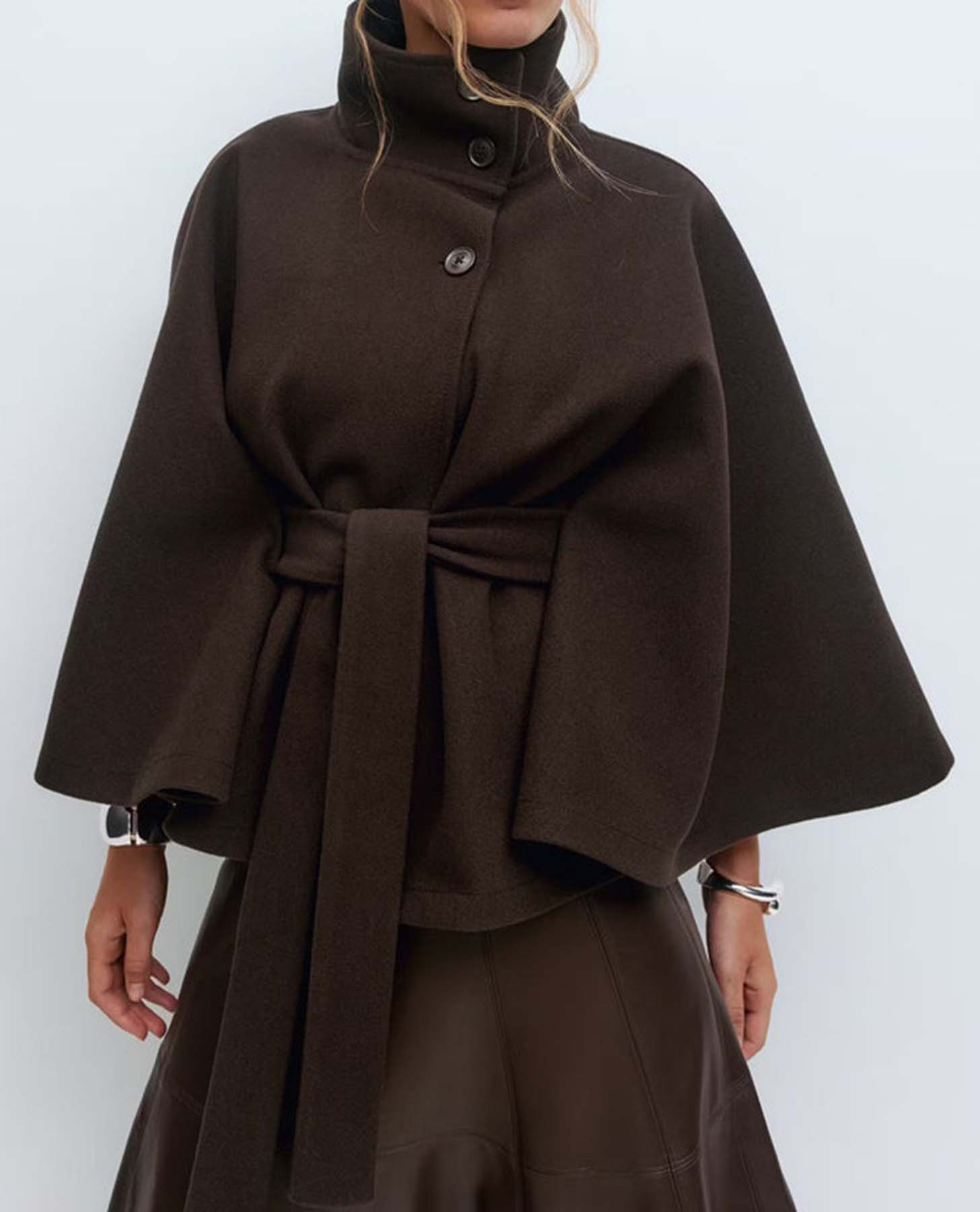 Women's Plain Front Buckle Belted Woolen Cape Coat, Casual Fall & Winter Outerwear, Stylish Daily Wear for Dating, Button