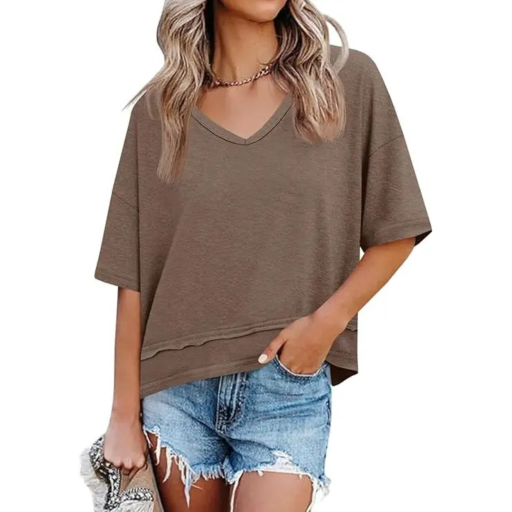 Women's Summer Flattering V Neck T Shirts, Loose Oversized Short Sleeve Flowy Basic Tops Premium Blend Soft Fabric Hide Belly Casual Daily OOTD Tees for Beach Vacation Everyday Outfit