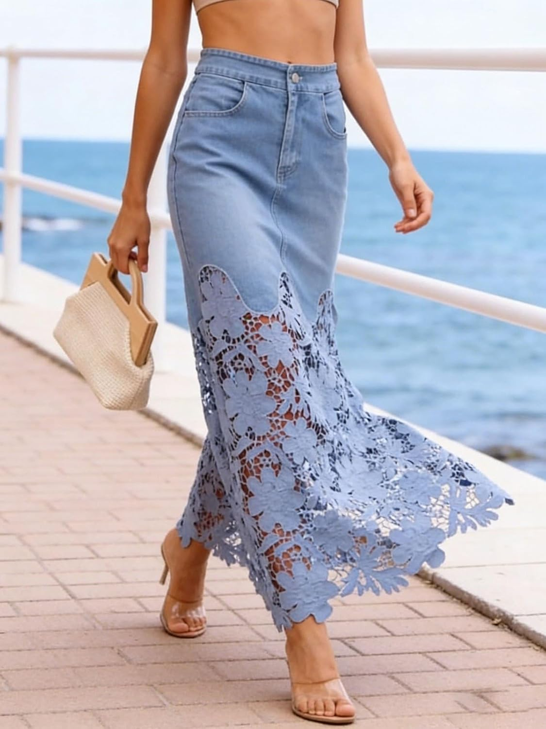 Women Lace Eyelet Patchwork Jean Skirt High Waisted Boho Floral Mesh Sheer Long Denim A Line Maxi Jean Skirt with Pockets