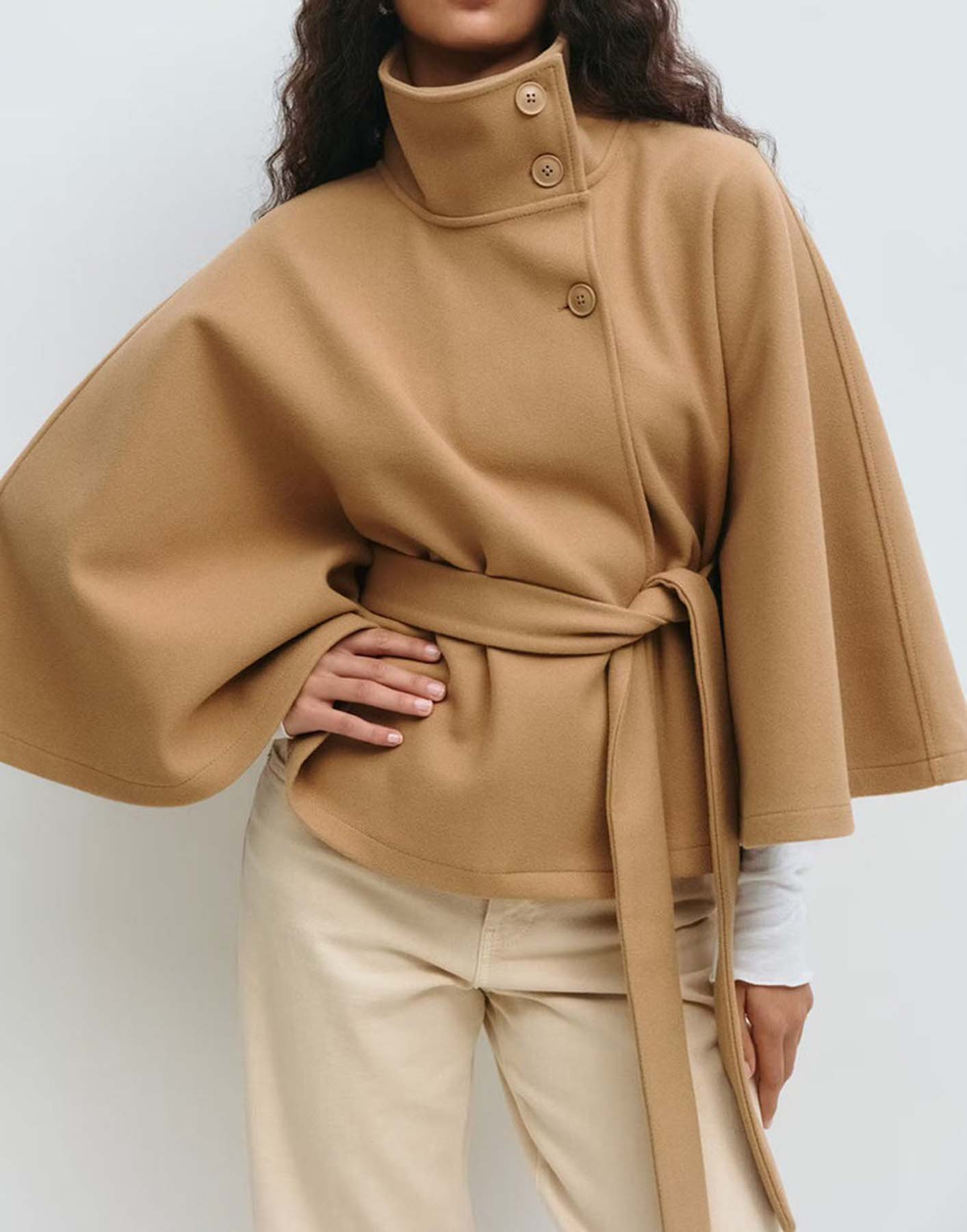 Women's Plain Front Buckle Belted Woolen Cape Coat, Casual Fall & Winter Outerwear, Stylish Daily Wear for Dating, Button