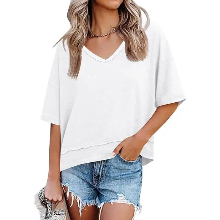 Women's Summer Flattering V Neck T Shirts, Loose Oversized Short Sleeve Flowy Basic Tops Premium Blend Soft Fabric Hide Belly Casual Daily OOTD Tees for Beach Vacation Everyday Outfit