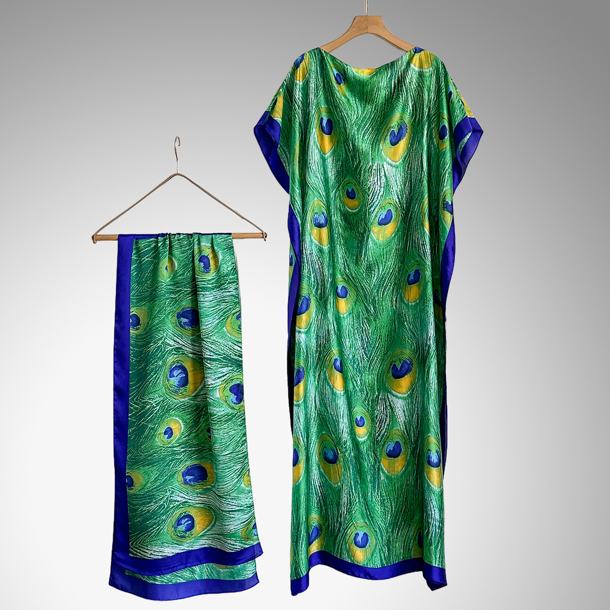 Women's Peacock Print Cape Shawl & Scarf Set, Elegant Beach Cover-Up For Holiday Vacation, Swimsuit Cover Up
