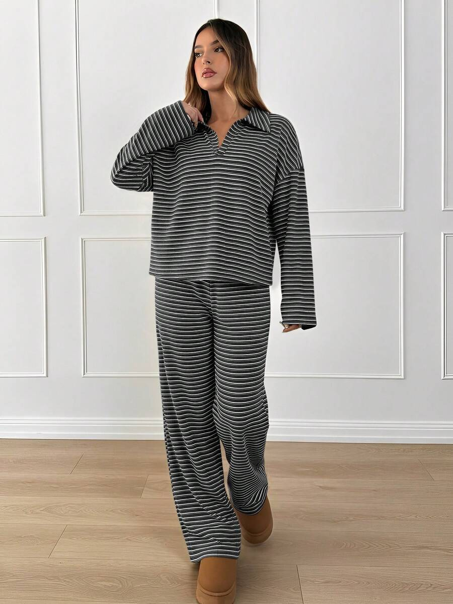 2-Piece Striped V-Neck Lounge Set