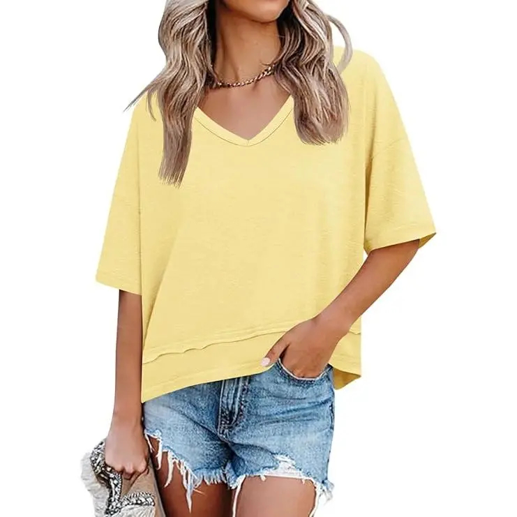 Women's Summer Flattering V Neck T Shirts, Loose Oversized Short Sleeve Flowy Basic Tops Premium Blend Soft Fabric Hide Belly Casual Daily OOTD Tees for Beach Vacation Everyday Outfit