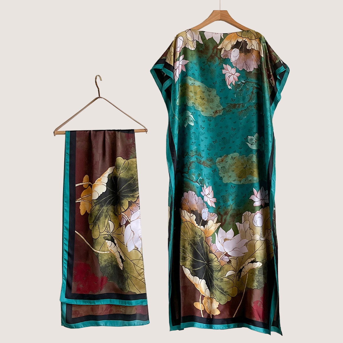 Women's Peacock Print Cape Shawl & Scarf Set, Elegant Beach Cover-Up For Holiday Vacation, Swimsuit Cover Up