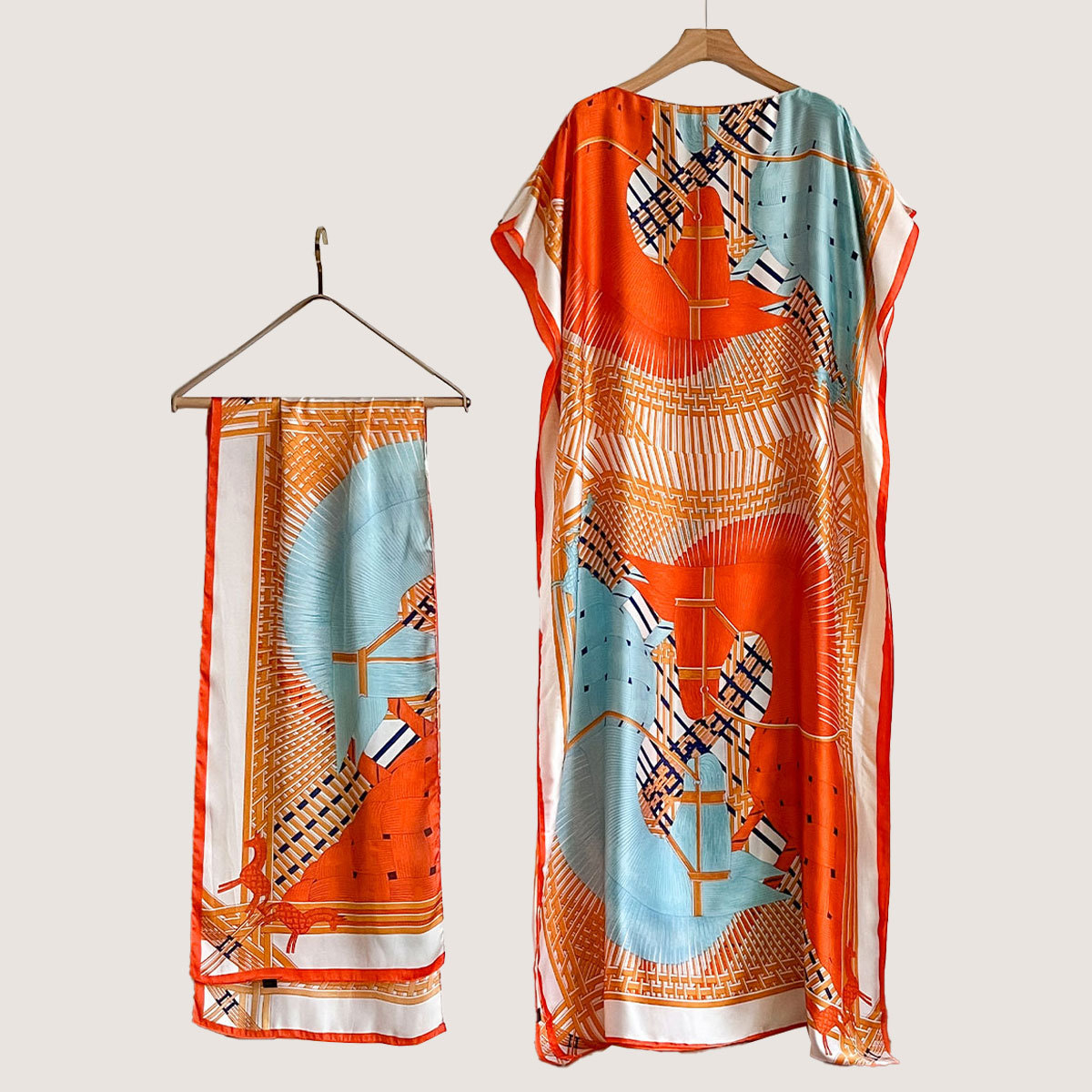 Women's Peacock Print Cape Shawl & Scarf Set, Elegant Beach Cover-Up For Holiday Vacation, Swimsuit Cover Up