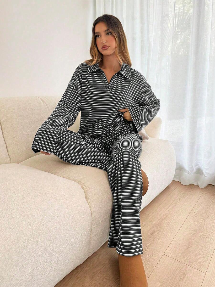 2-Piece Striped V-Neck Lounge Set