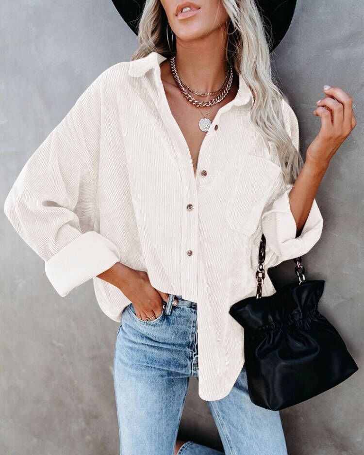 Women's Corduroy Shirt with Pocket - Drop Shoulder Style