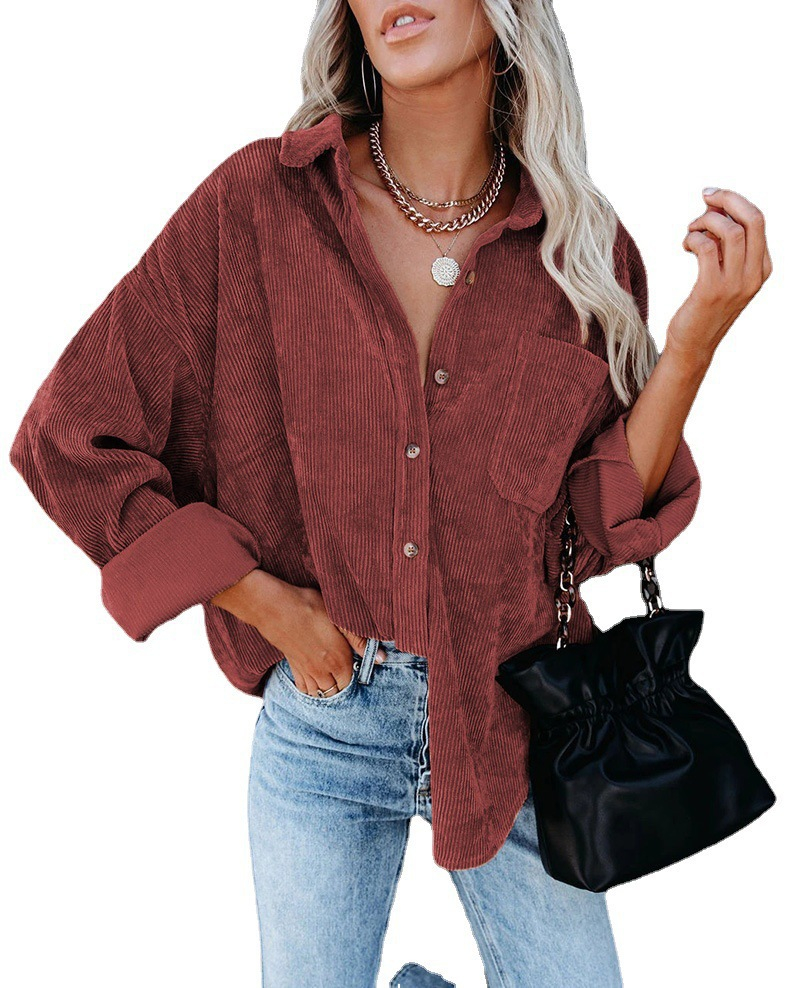 Women's Corduroy Shirt with Pocket - Drop Shoulder Style