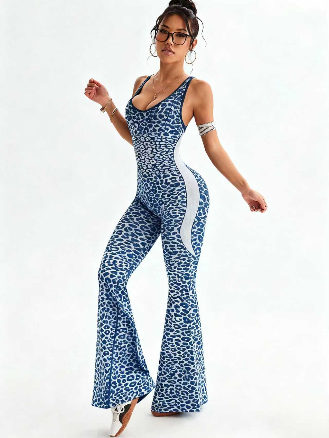 Women's Leopard Print Flared Sports Jumpsuit - Backless Hollow Cross-Twisted Back, High-Waisted, Cooling Quick-Drying, Figure-Flattering Gym Apparel, Sports Clothes, Casual Style for Yoga/Outdoor, Clothes for Women