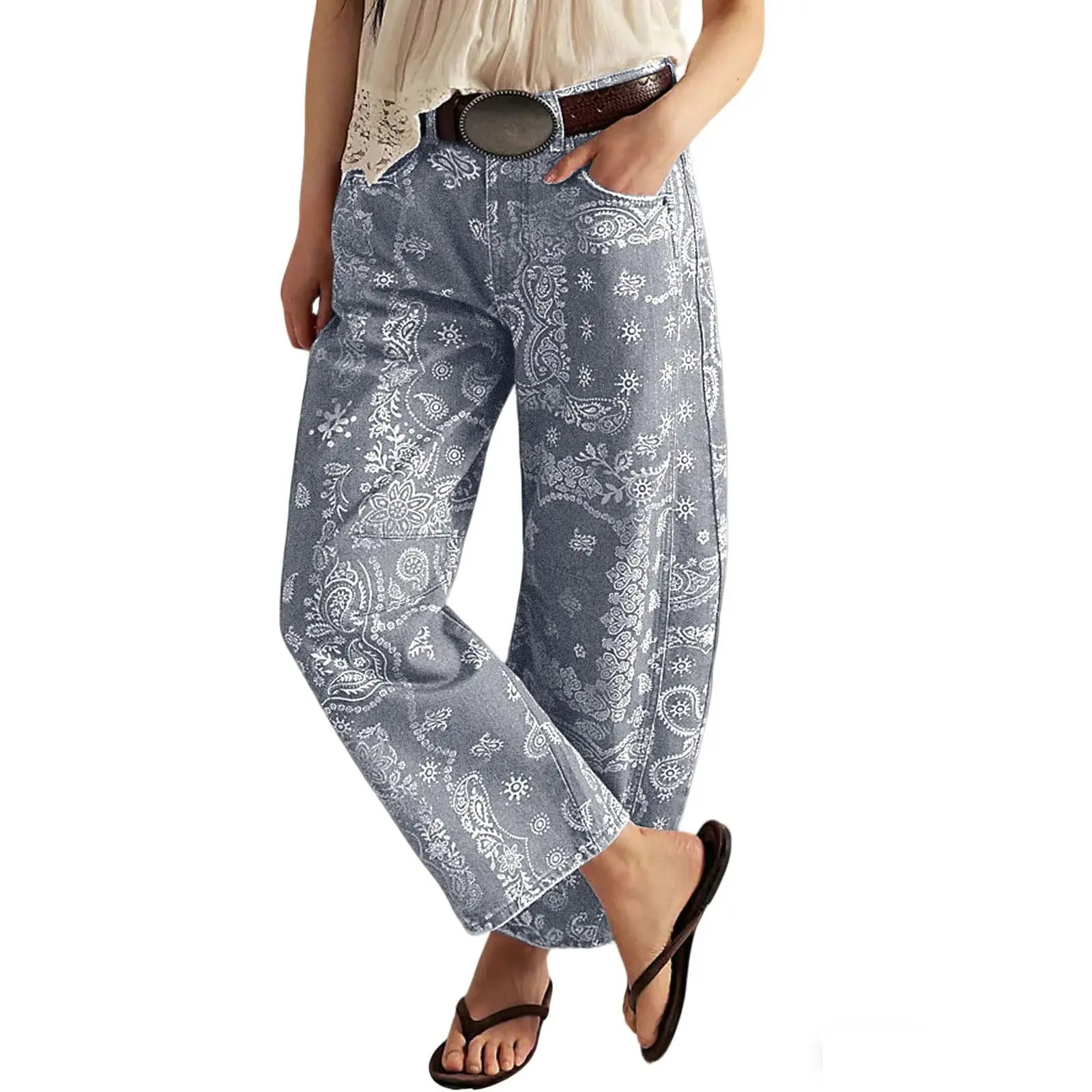 Women's Printed Wide-Leg Jeans Y2k Loose Mid-Rise Jeans in Soft Pink with Boho Floral Pattern Casual Denim Trousers
