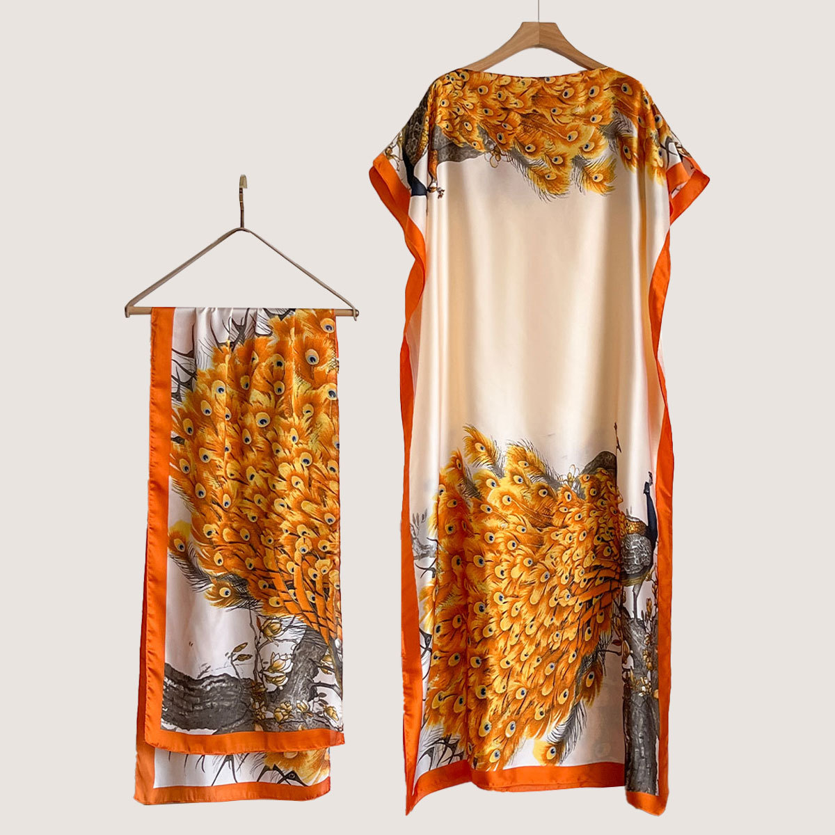 Women's Peacock Print Cape Shawl & Scarf Set, Elegant Beach Cover-Up For Holiday Vacation, Swimsuit Cover Up