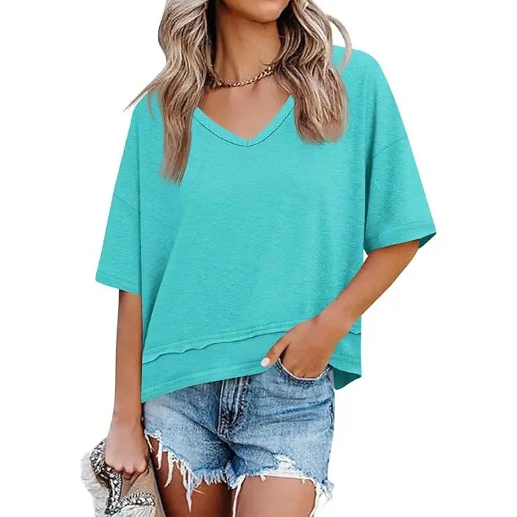 Women's Summer Flattering V Neck T Shirts, Loose Oversized Short Sleeve Flowy Basic Tops Premium Blend Soft Fabric Hide Belly Casual Daily OOTD Tees for Beach Vacation Everyday Outfit
