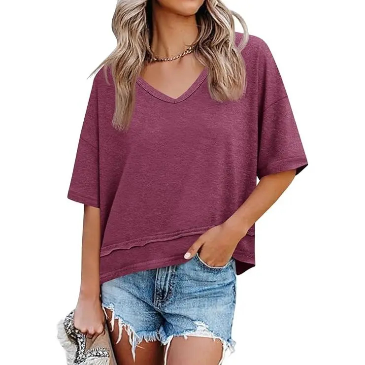 Women's Summer Flattering V Neck T Shirts, Loose Oversized Short Sleeve Flowy Basic Tops Premium Blend Soft Fabric Hide Belly Casual Daily OOTD Tees for Beach Vacation Everyday Outfit