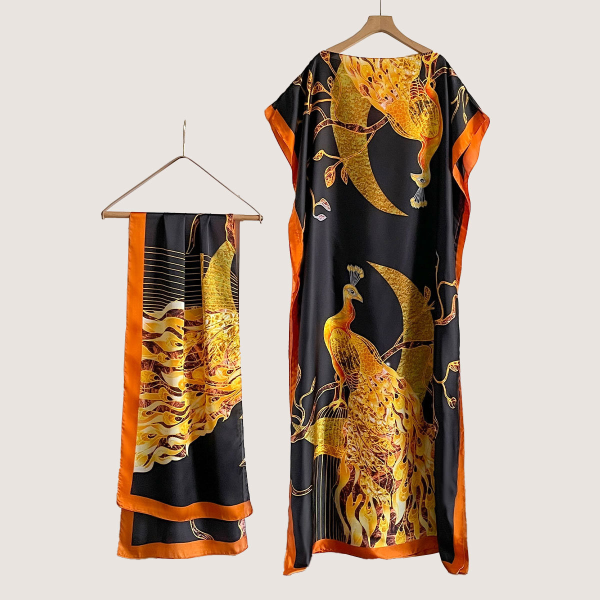 Women's Peacock Print Cape Shawl & Scarf Set, Elegant Beach Cover-Up For Holiday Vacation, Swimsuit Cover Up