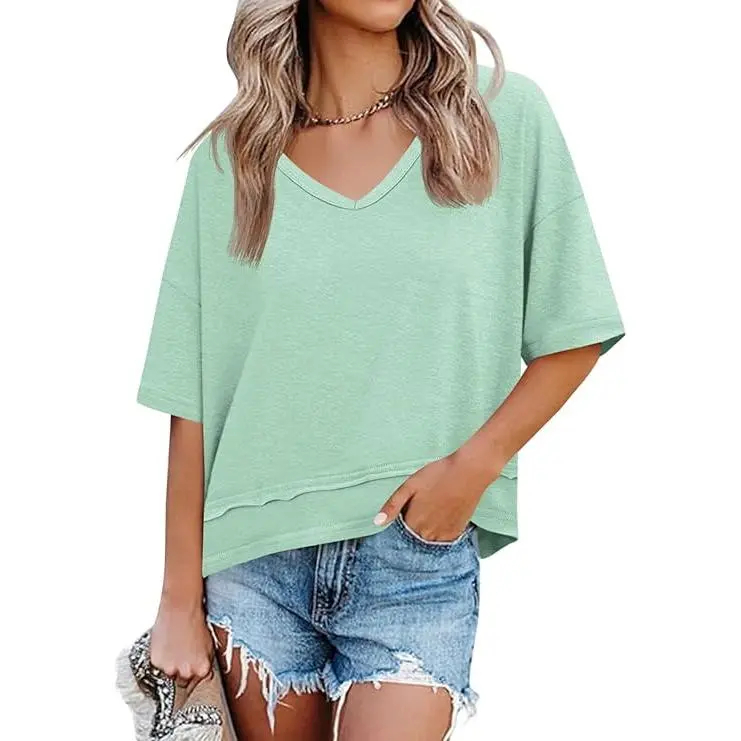 Women's Summer Flattering V Neck T Shirts, Loose Oversized Short Sleeve Flowy Basic Tops Premium Blend Soft Fabric Hide Belly Casual Daily OOTD Tees for Beach Vacation Everyday Outfit