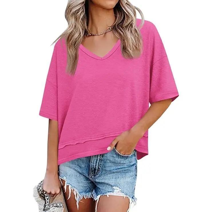 Women's Summer Flattering V Neck T Shirts, Loose Oversized Short Sleeve Flowy Basic Tops Premium Blend Soft Fabric Hide Belly Casual Daily OOTD Tees for Beach Vacation Everyday Outfit