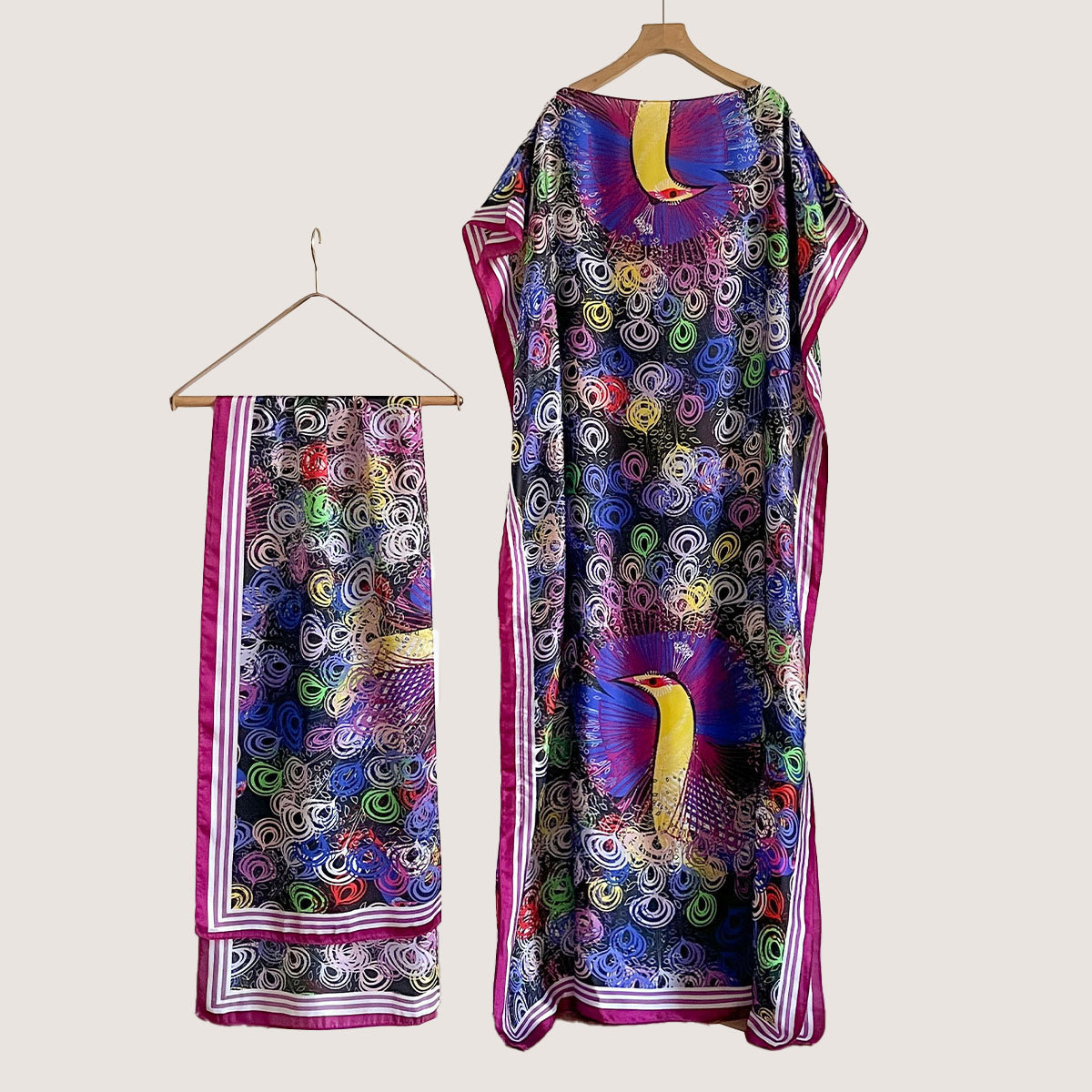 Women's Peacock Print Cape Shawl & Scarf Set, Elegant Beach Cover-Up For Holiday Vacation, Swimsuit Cover Up