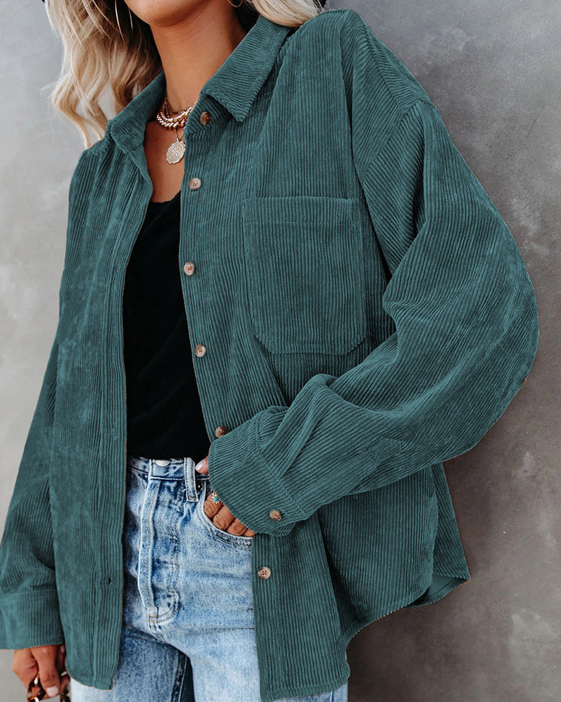 Women's Corduroy Shirt with Pocket - Drop Shoulder Style
